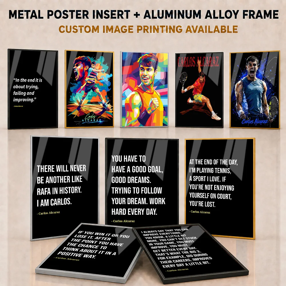 Carlos Alcaraz Framed Aluminum Metal Poster Customized Photo Energetic Tennis Champion Style Wall Art For Clubhouse Fan Gift