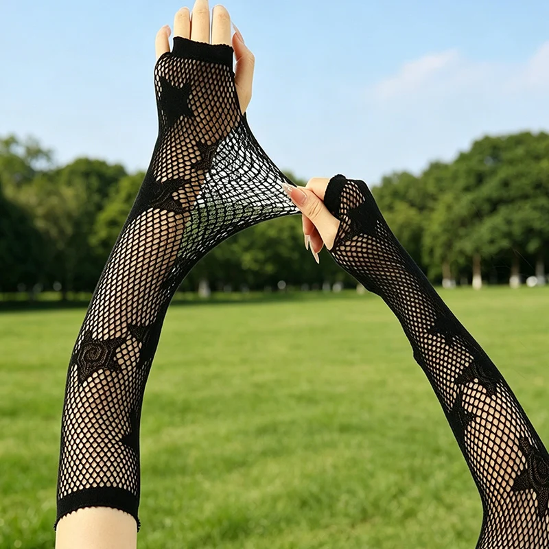 Star Fishnet Gloves Dark Ripped Hollow-Out Sleeves Punk Goth Mesh Long Arm Sleeves Half-Finger Accessories view 3