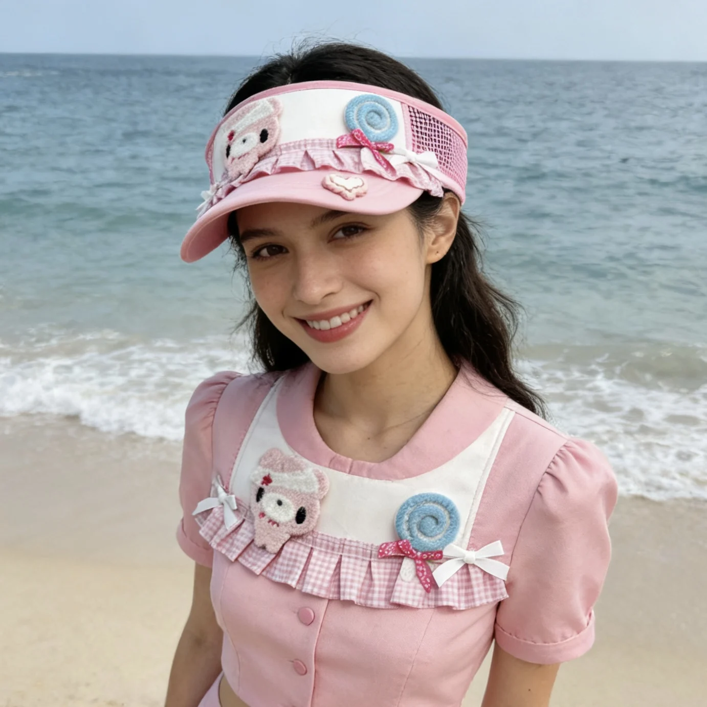 Kawaii Bear Ruffle Sun Visor, Cute Pink Adjustable Summer Hat for Beach, Outdoor & Travel