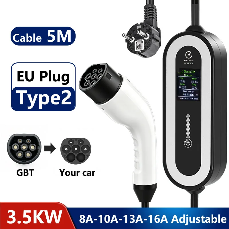 3.5KW Portable EV charger 5M Cable Type2 IEC62196/GBT Connector 16A Charging for Electric Vehicle
