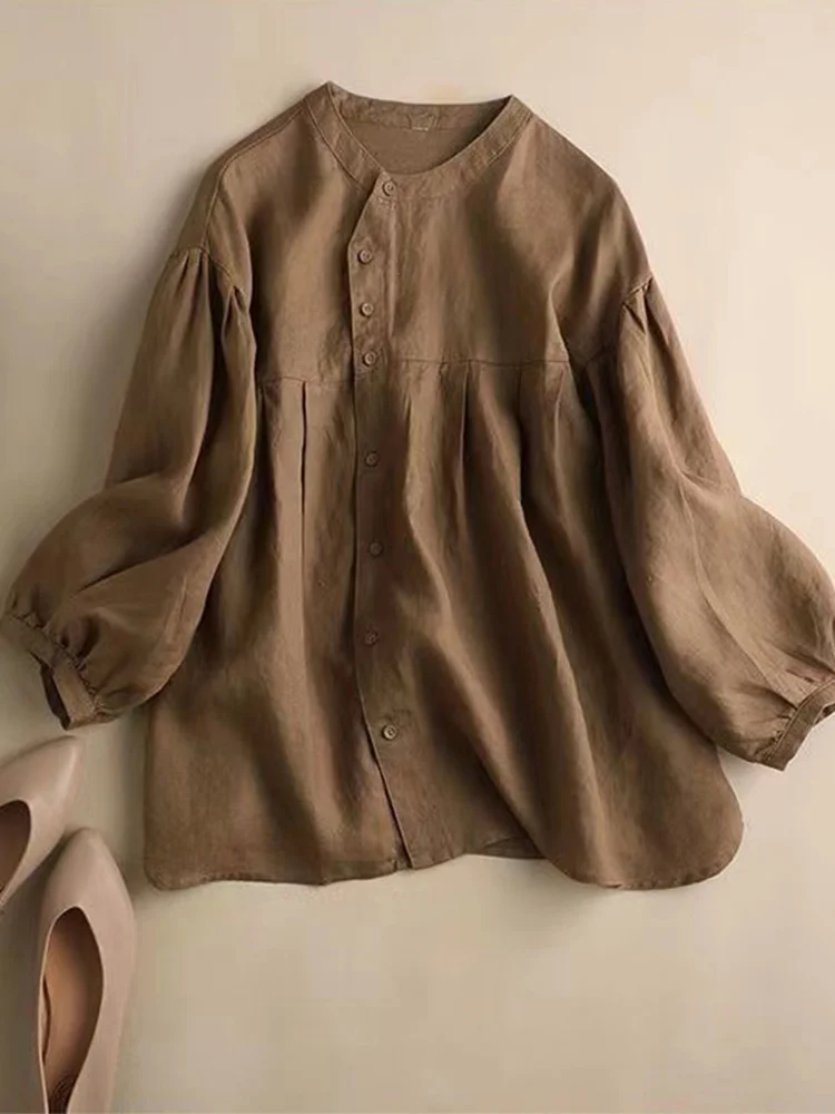 Damen-Laterne Sve irt Baumwoll-Leinen-Puppe irt Nine Sve Länge, normale Version, lockere Passform, rundes Ne-Knopfdetail