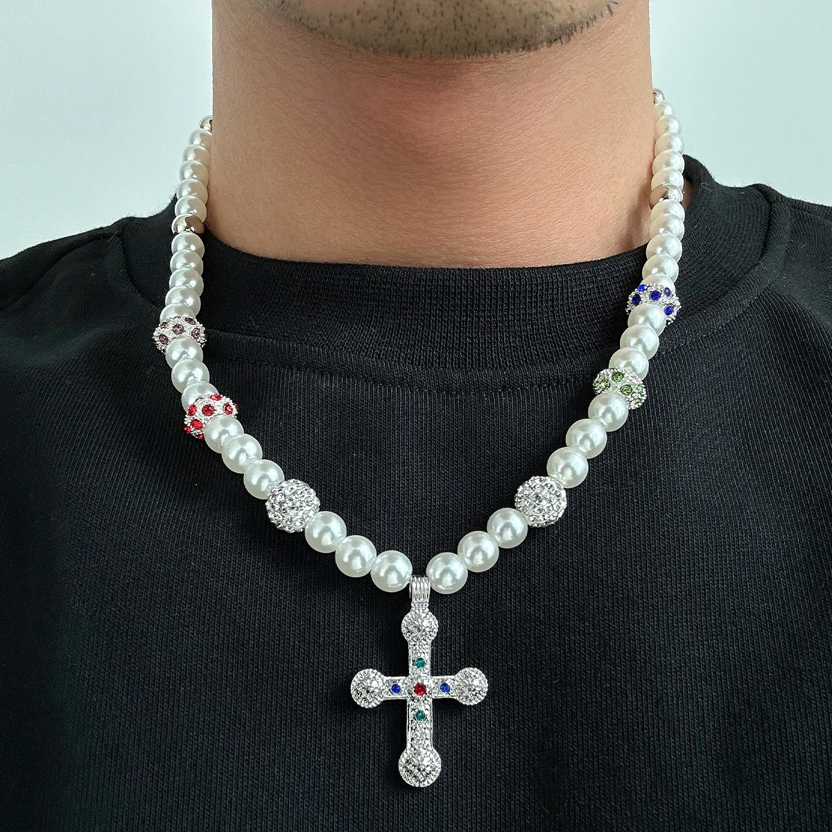 PuRui Aesthetic Designer Luxury Cross Pendant Necklace Men Women Trend Imitation Pearl Beads Choker Neck Jewelry Accessorie New