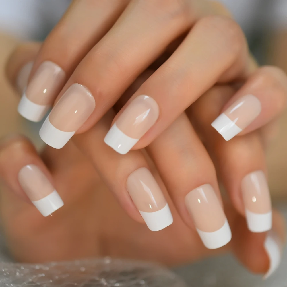 White French Natural Nude False Nails Manicure Square Press on Fake Nails Tips Daily Office Finger Wear with Jelly Sticker Tabs