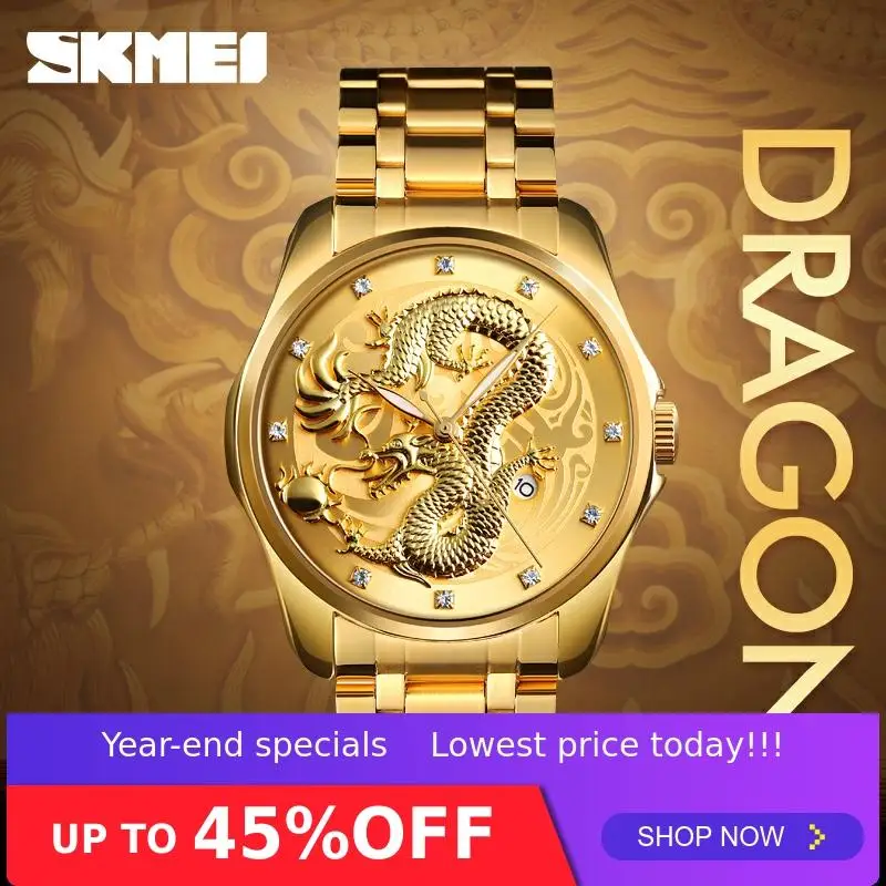 SKMEI Luxury Watch Men Quartz Watches For Men Top Brand Man Golden Dragon 3Bar Waterproof  Stainless Steel Strap Wristwatches