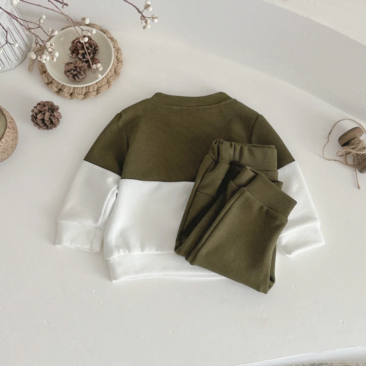 Newborn Waffle Knit Clothes Set Baby Boys Color Block Long Sleeve Top & Jogger Pants 2Pcs Outfit 2