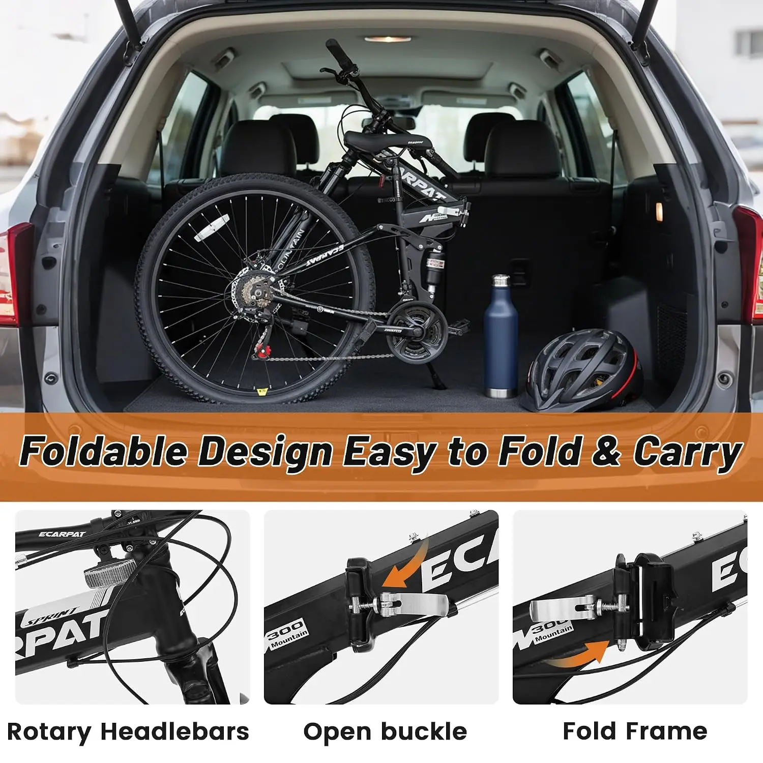 Dual Disc Brake, 21 Speed Gear System, High Carbon Steel Frame, Full Suspension Foldable Bike