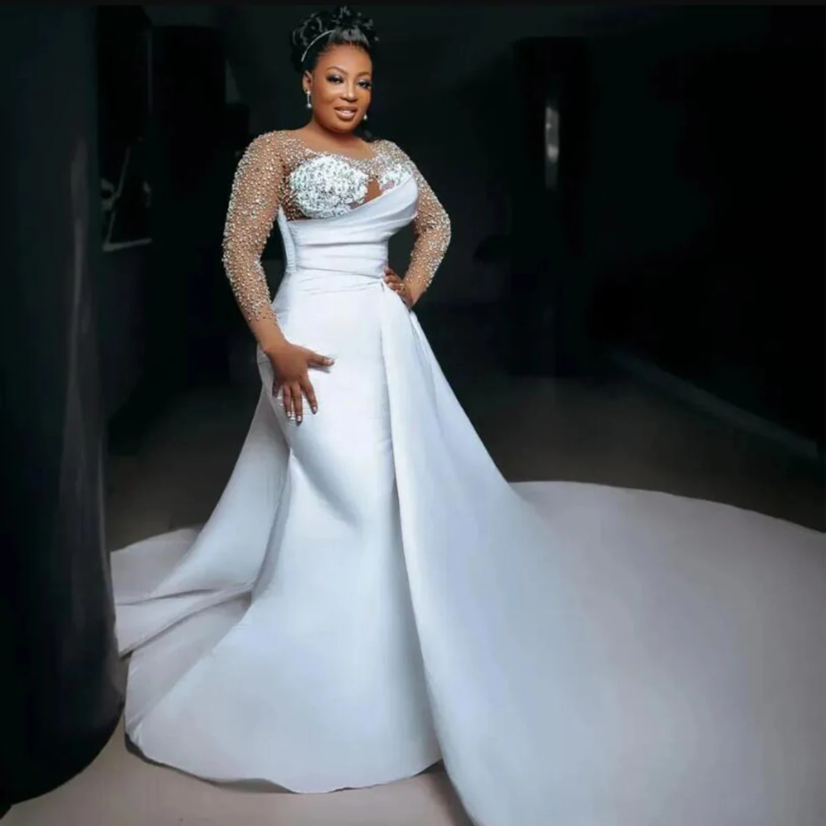 

African Mermaid Wedding Dresses For Bride Illusion Long Sleeves Crystals Beading Bridal Gowns O Neck Women Formal Party Clothing