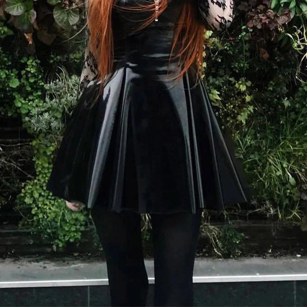 

Women PVC High Waist Slim Leather Pleated Glossy Short Skirt Flared A-Line Skater Skirts Clubwear Dance Lady Girl Mini Skirt