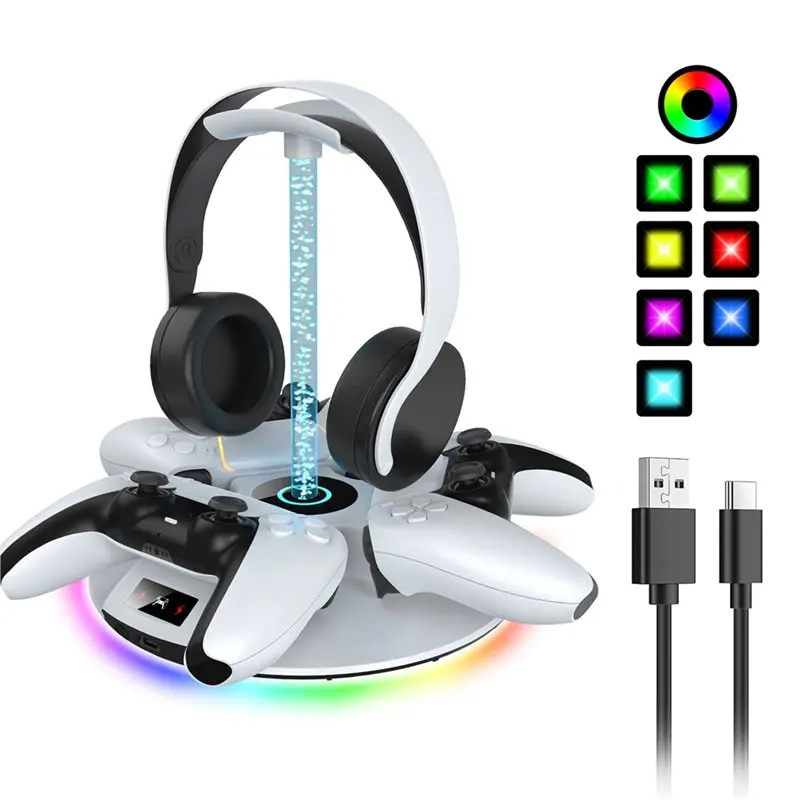 RGB Ambient Lighting 3-In-1 Charging Dock For PS5 Wireless Controller Fast Charge Headphone Storage Stand Docking Station view 3