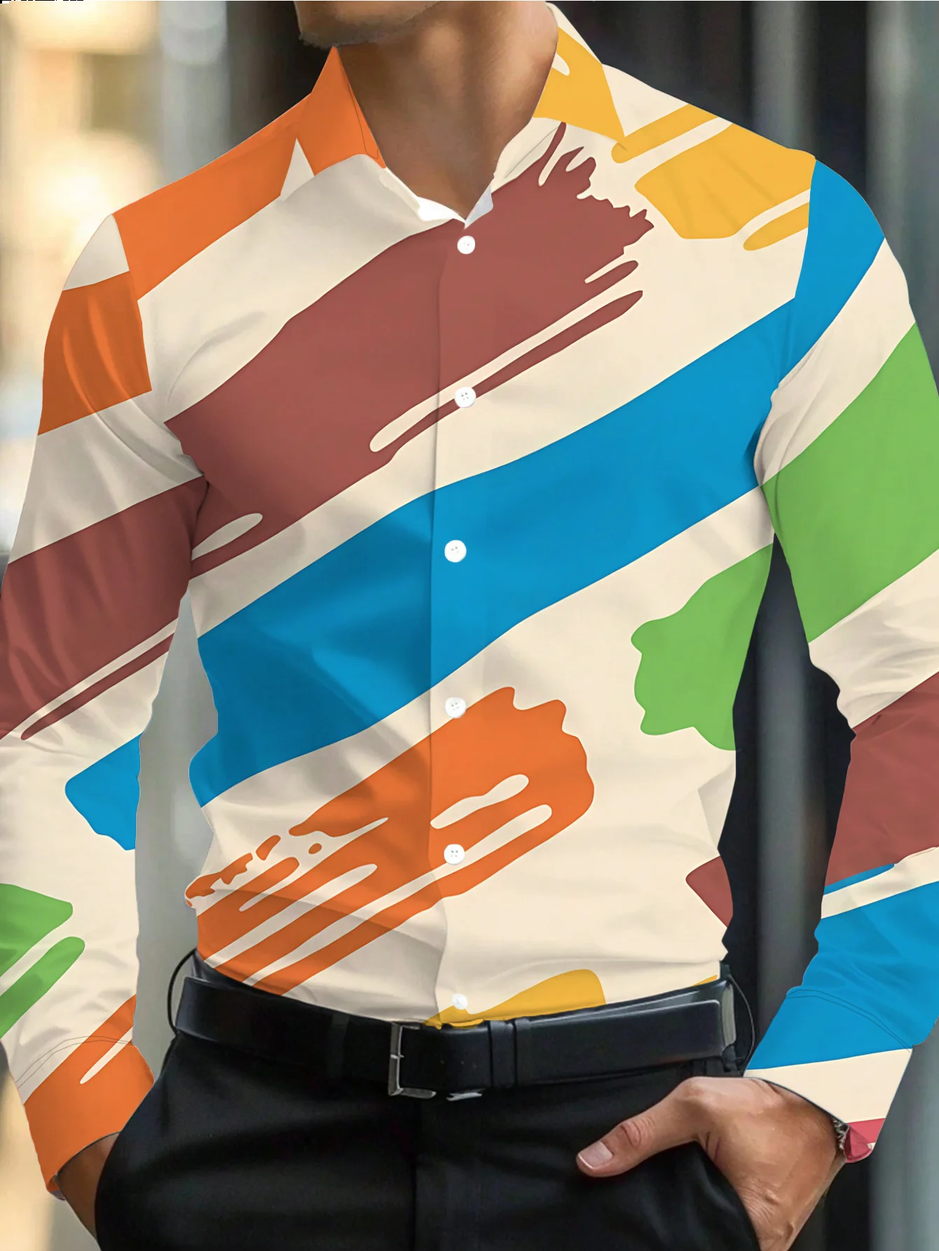 New Men'S Long Sleeve Shirt Warm Tone Thread Interwoven, Blurring Misty Gradient Texture Pattern, Commute Versatile Casual Top