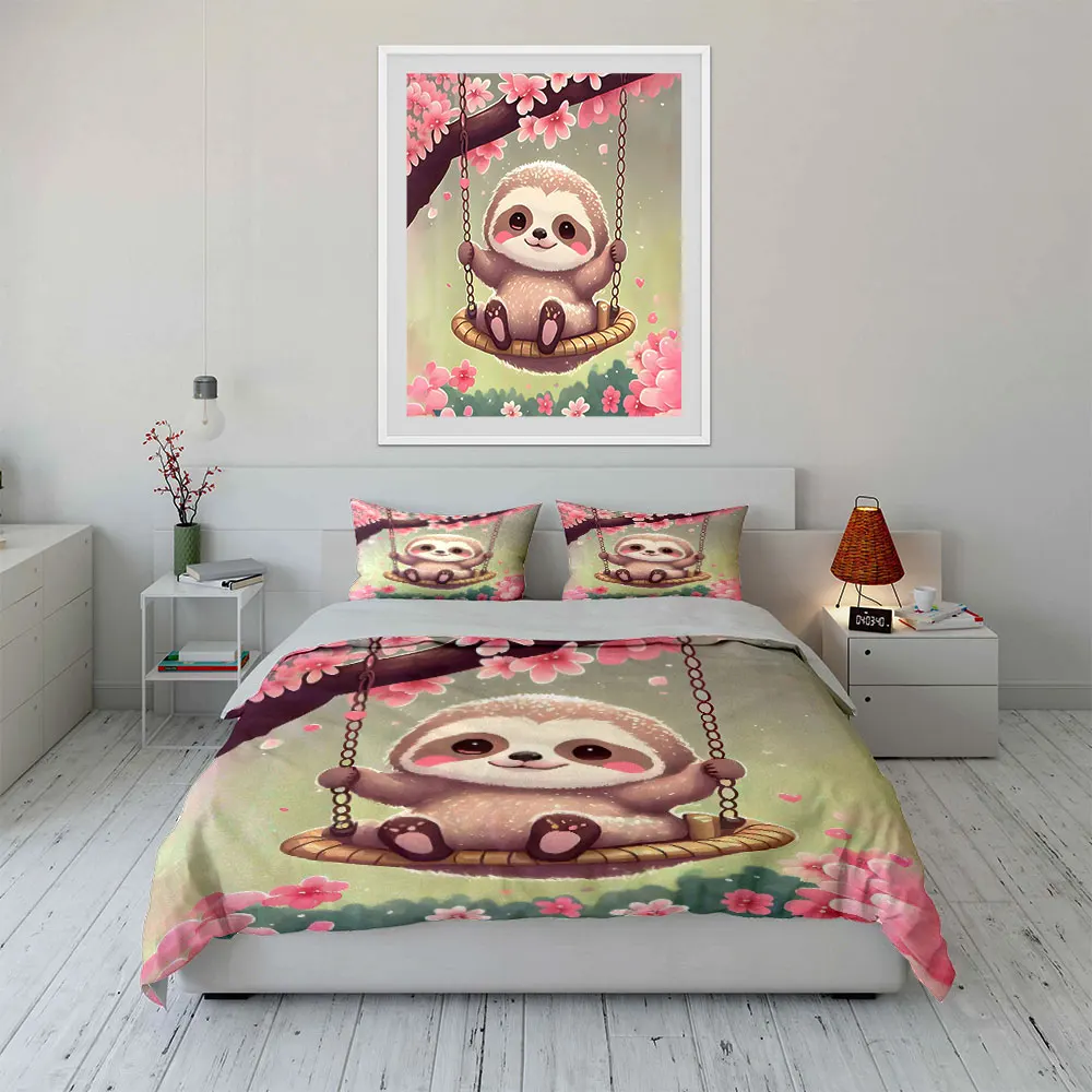 

Cute Sloth Swinging Decor Set Bedding Set with 1 Duvet Cover 2 Pillowcases Single Double King Queen, Gift