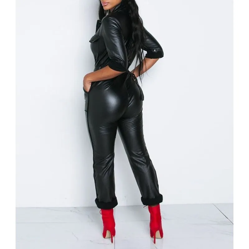 Krisnanas Pu Leather Female Jumpsuits 2025 Sporty Woman Lapel Long Sleeve Zipper Pockets One Piece Sport Pants with Belt 68480