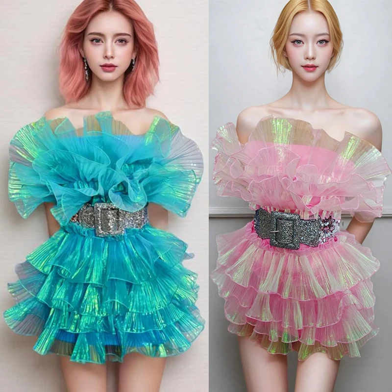 

Pink Gogo Dress Show Girl Stage Wear Off Shoulder Short Dresses Women Performance Costume Festival Party Rave Clothing VDL3220