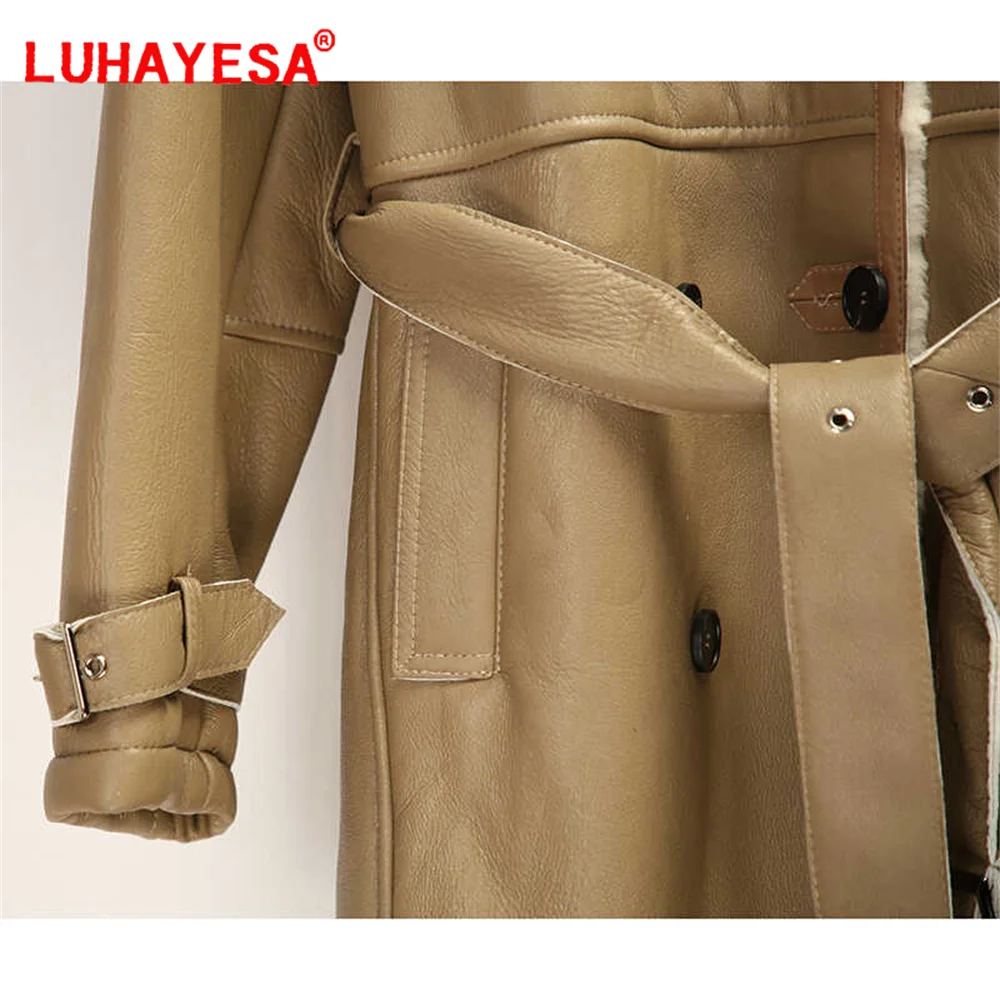 2024 Spain Merino Sheepskin Fur Coat Women Casual Long Double Breasted Winter Warm Fur Outerwear