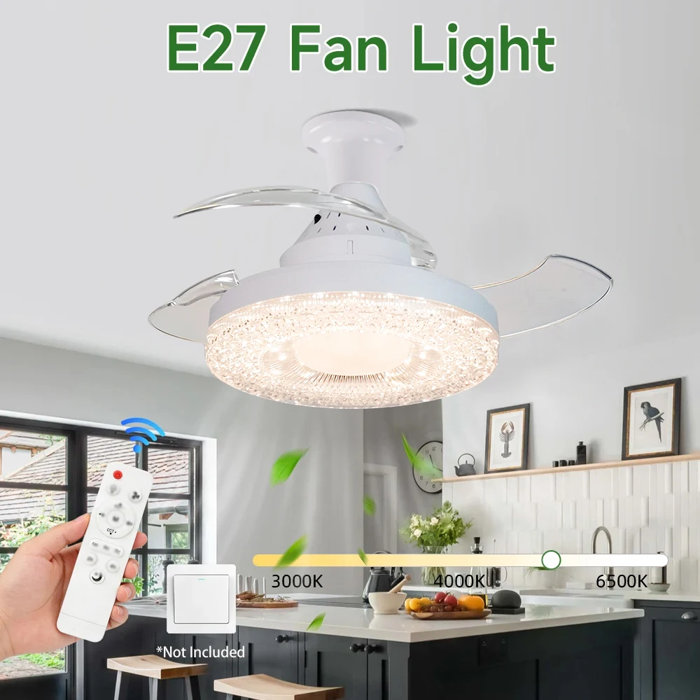 E27 Lamp Holder LED Ceiling Fan Light, Dimmable, 3 Color Options, Variable Speed Adjustment, Suitable for Living Room and Study