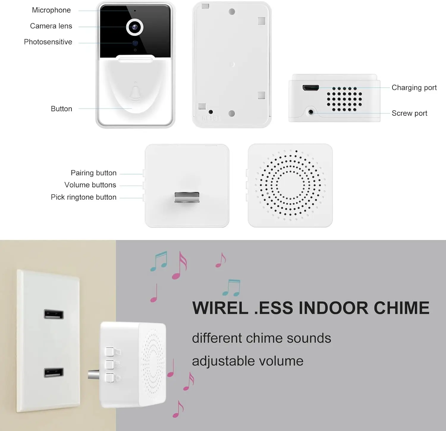 Doorbell Camera Wireless,Intelligent Visual  Home Intercom HD NightVision WiFi Rechargeable Security Doorbell,PhotoRecording