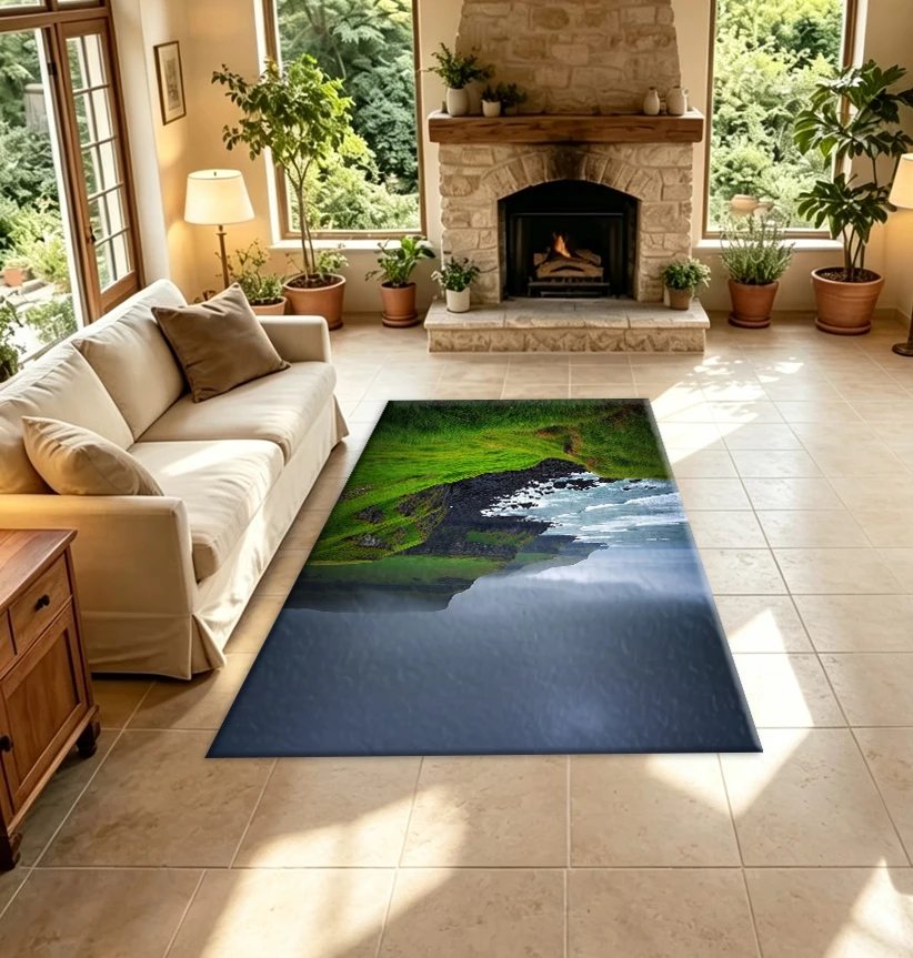Misty Green Coast Cliff Seaside Carpet Ocean Waves Rocky Coastline Natural Landscape Floor Carpet Suitable for Home Room Decoration