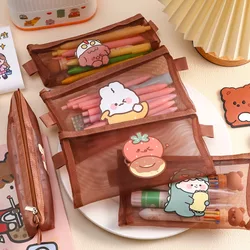 Cute Bear Transparent Mesh Pencil Case Ins Portable Toiletry Makeup Pencil Bag Stationery Gift School Pencil Box Crafts Supplies