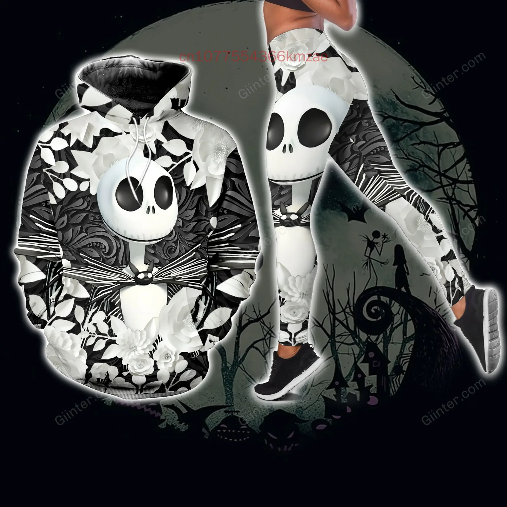 Personalizado disney jack skellington moletom com capuz e leggings feminino natal calças de yoga moletom moda esportes terno