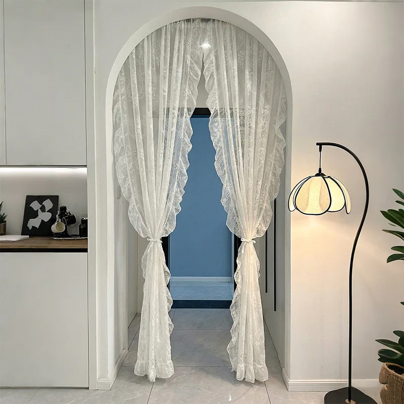 

Retro Elegant Princess Style Lace Valance French Nordic Pastoral Creamy Vintage Floating Curtain Transparent Tulle Rural Curtain