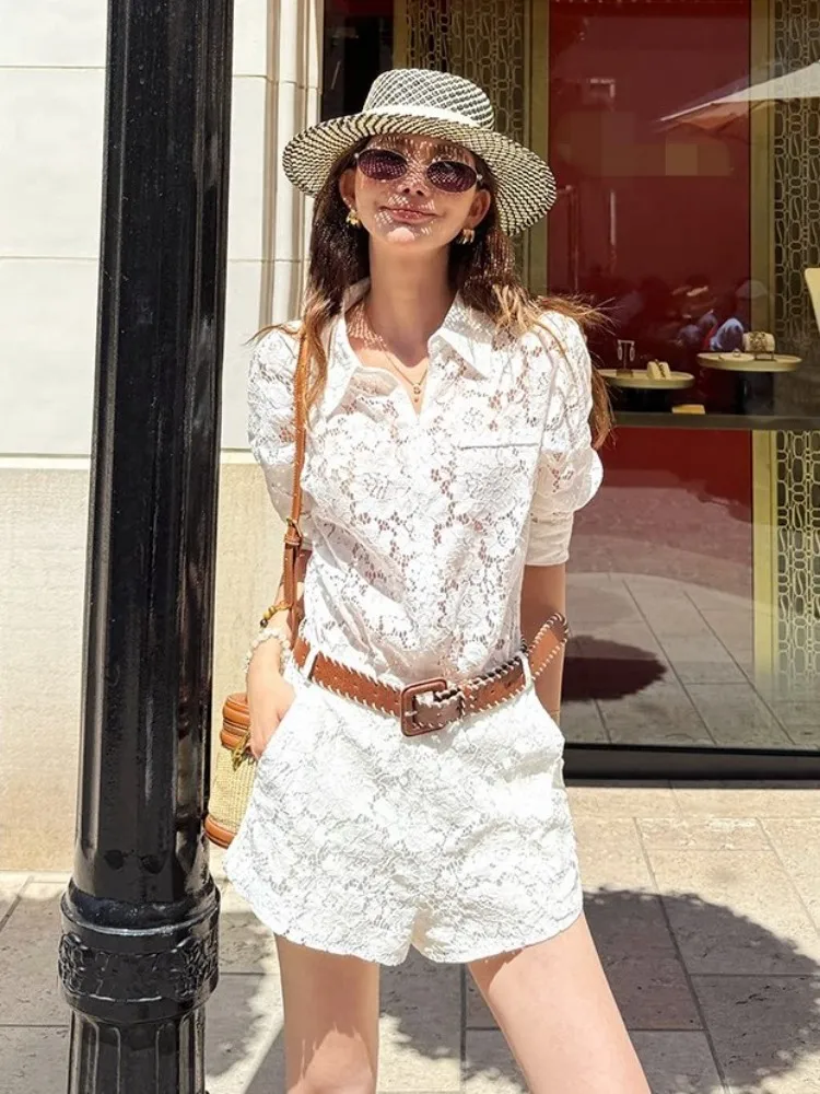 New Summer Women Lace Rompers Zipper High Waist Hollow Out Casual Wide Leg Shorts Streetwear Turndown Collar Vintage Playsuits
