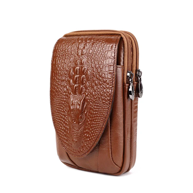 men\'s mobile phone waist bag leather wearing belt 5.56 inch Mini waist bag cowhide crocodile waist bag