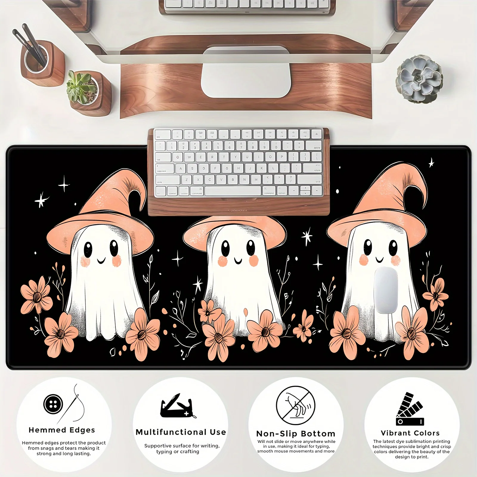 Tappetino per mouse grande a tema Halloween con base in gomma antiscivolo - Copertina per tastiera da ufficio gotica con fantasmi carini e Desi floreali