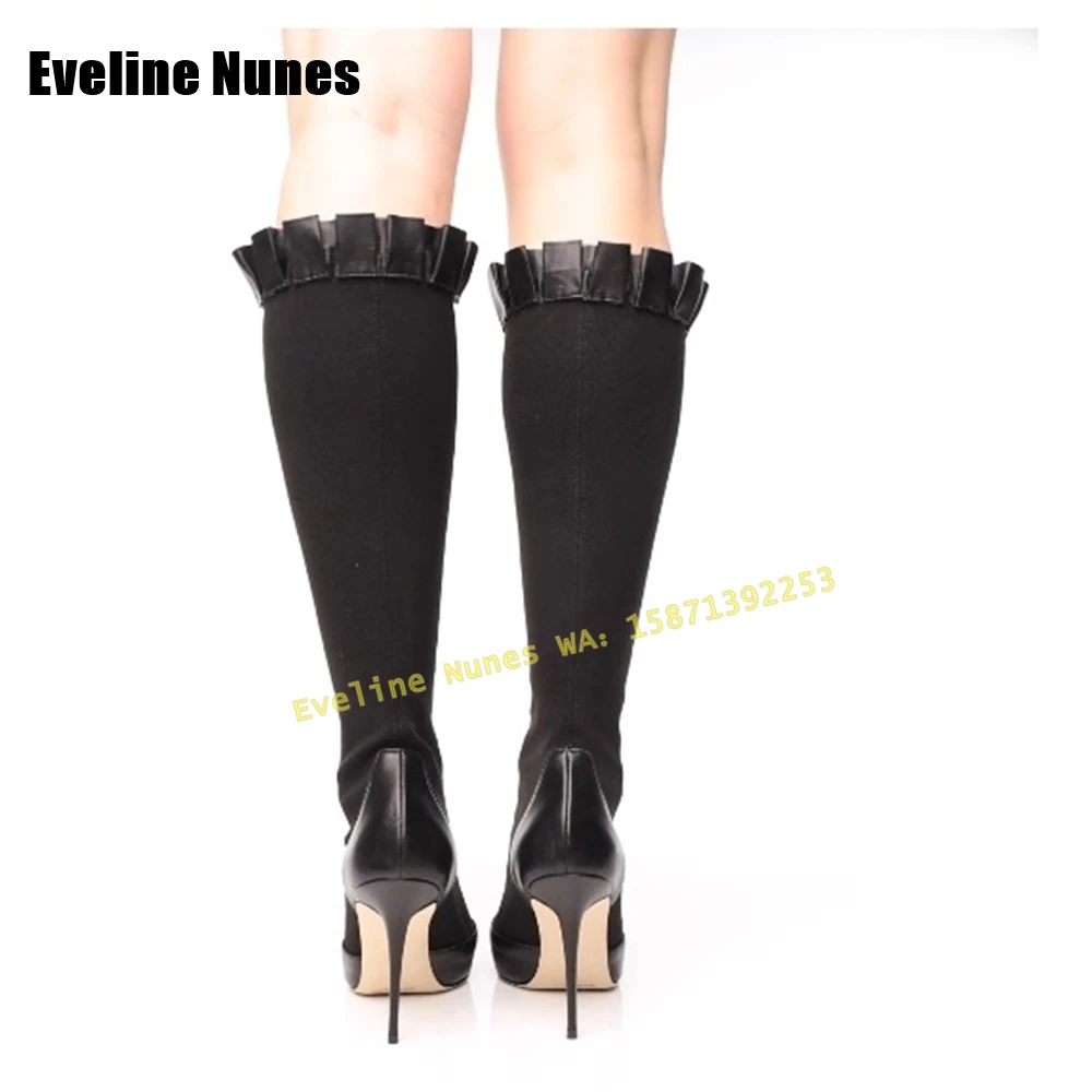 Ruffles Pleated Black Patchwork Stretch Boots Pointed Toe Thin Heels Pull On Solid Women Knee High Boots Street Style 2025 Trend