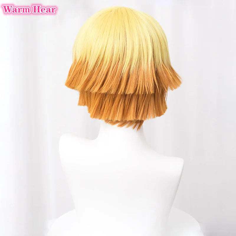 Anime Agatsuma Zenitsu Peluca de Cosplay corta, 30cm, amarillo degradado, naranja, resistente al calor, pelucas sintéticas para hombres, Halloween + gorro de peluca