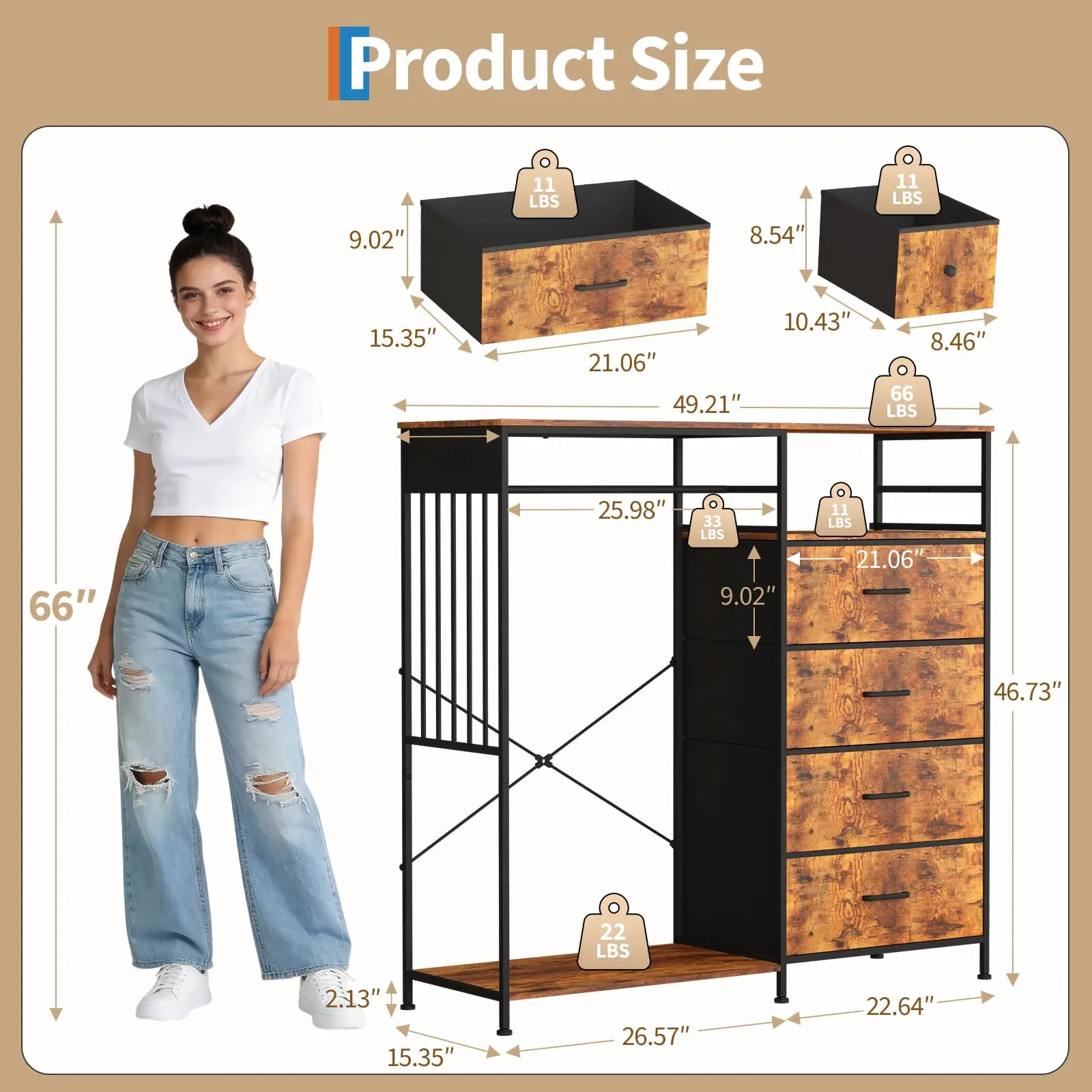 6-Drawer Dresser with Hanging Rack & LED Lighting – Storage Organizer, Charging Station, Reversible Wood Top, Shoe Rack, Sturdy Frame for Bedroom, Kids Room