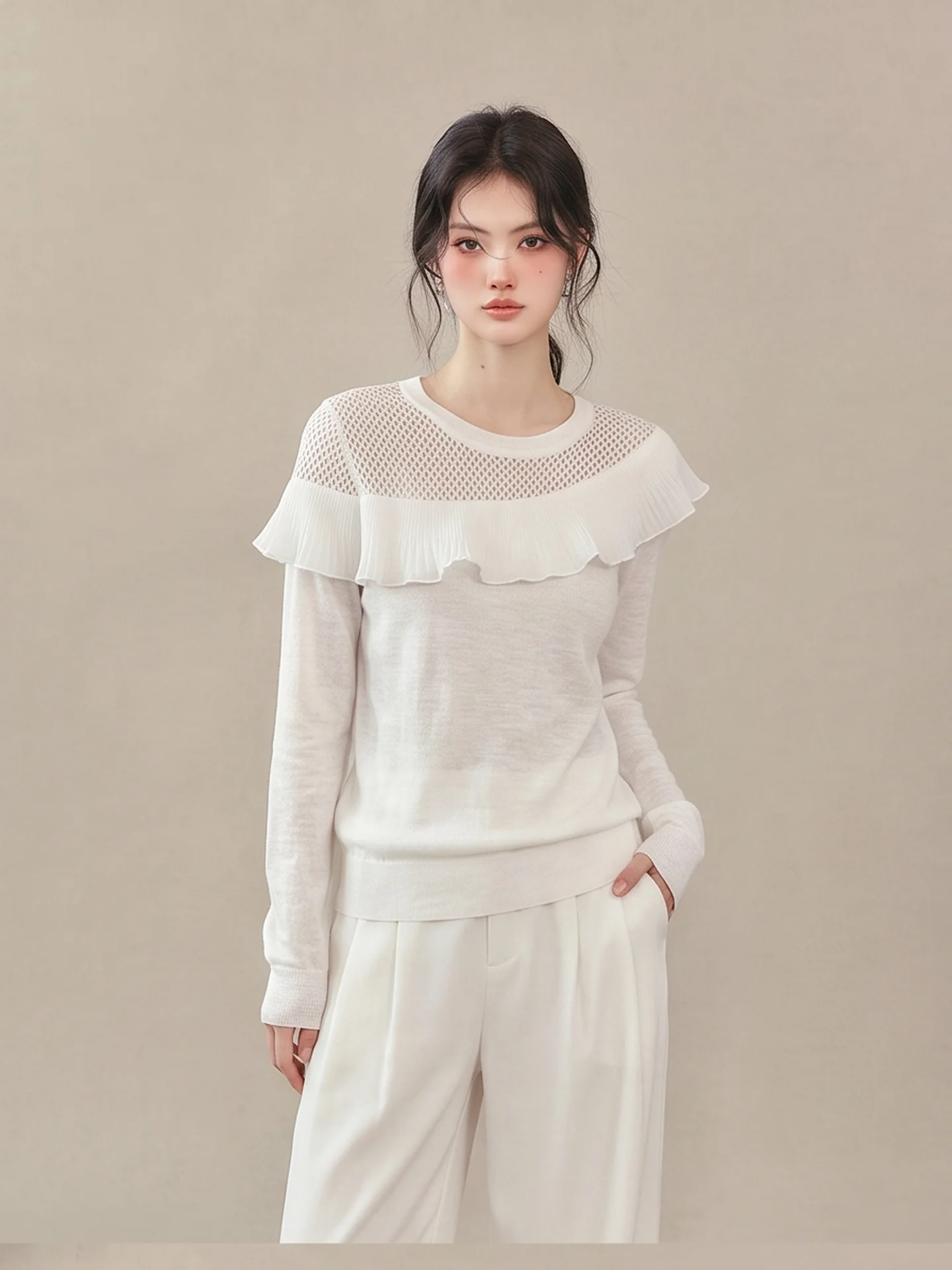 Elegant Hollow out Lace Trim Knitwear Women's Early Autumn Soft Style White Top Korean Version Slim Fit Long Sleeve round Neck