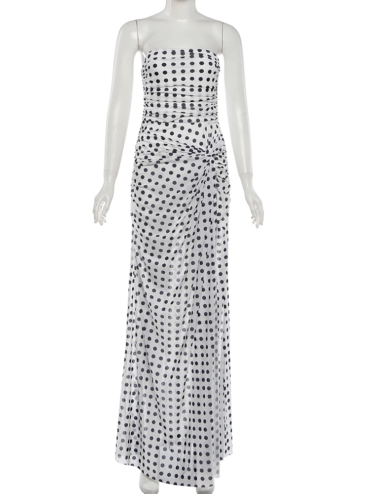 เดรสยาวผ่าสูงลายจุดแบบไร้สายสำหรับผู้หญิง แต่งผ้าตาข่ายผสมผสาน ดีไซน์เซ็กซี่ เหมาะสำหรับงานวันเกิด ปาร์ตี้ วันหยุดพักผ่อน หรือใส่ไปเที่ยวทะเล