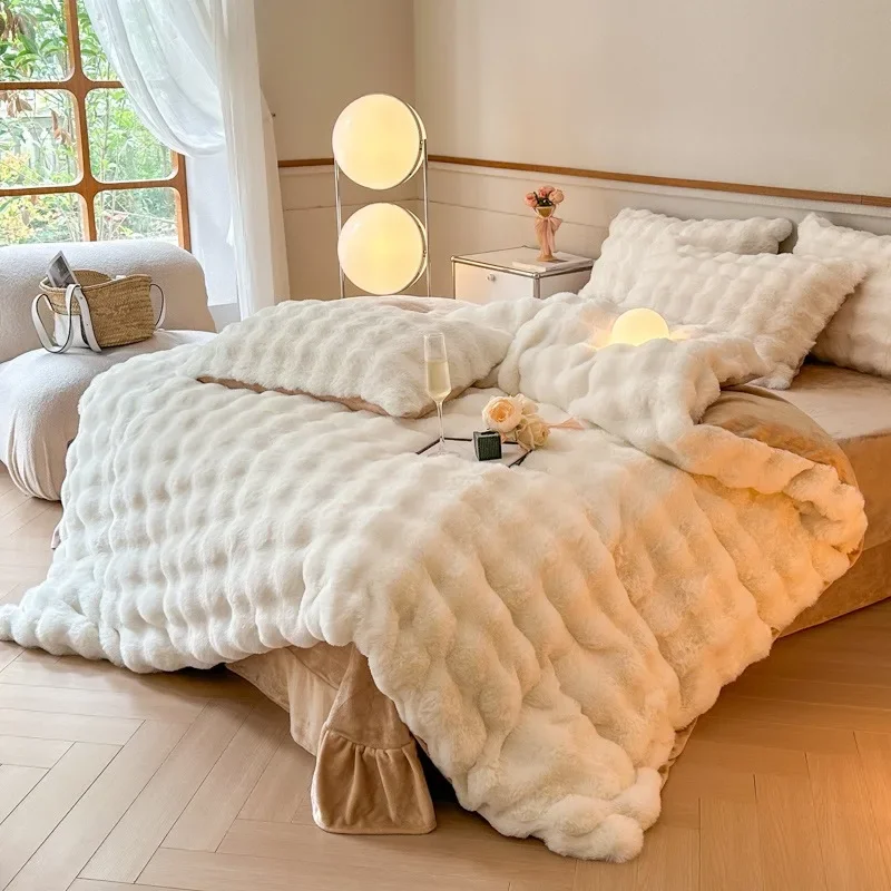 Winter Thick Warm Luxury Bedding Set Faux Rabbit Fur Duvet Cover Set Queen Comforter Cover Sheet Pillowcase 4pcs Bed Linens Set