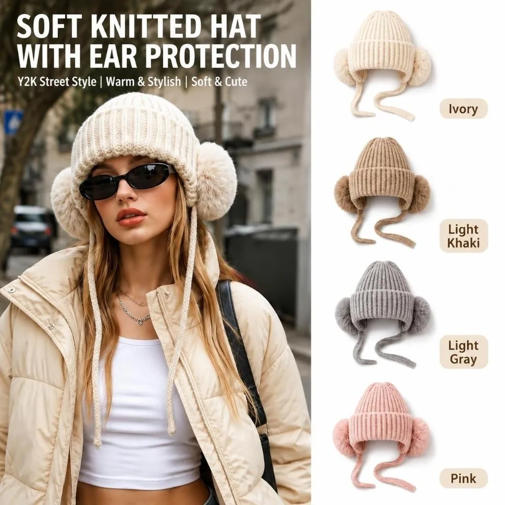 New Warm Knitted Beanie Hat Multicolor Faux Fur Pom Pom Thermal Ski Hat Soft Winter Skullcap Women 2