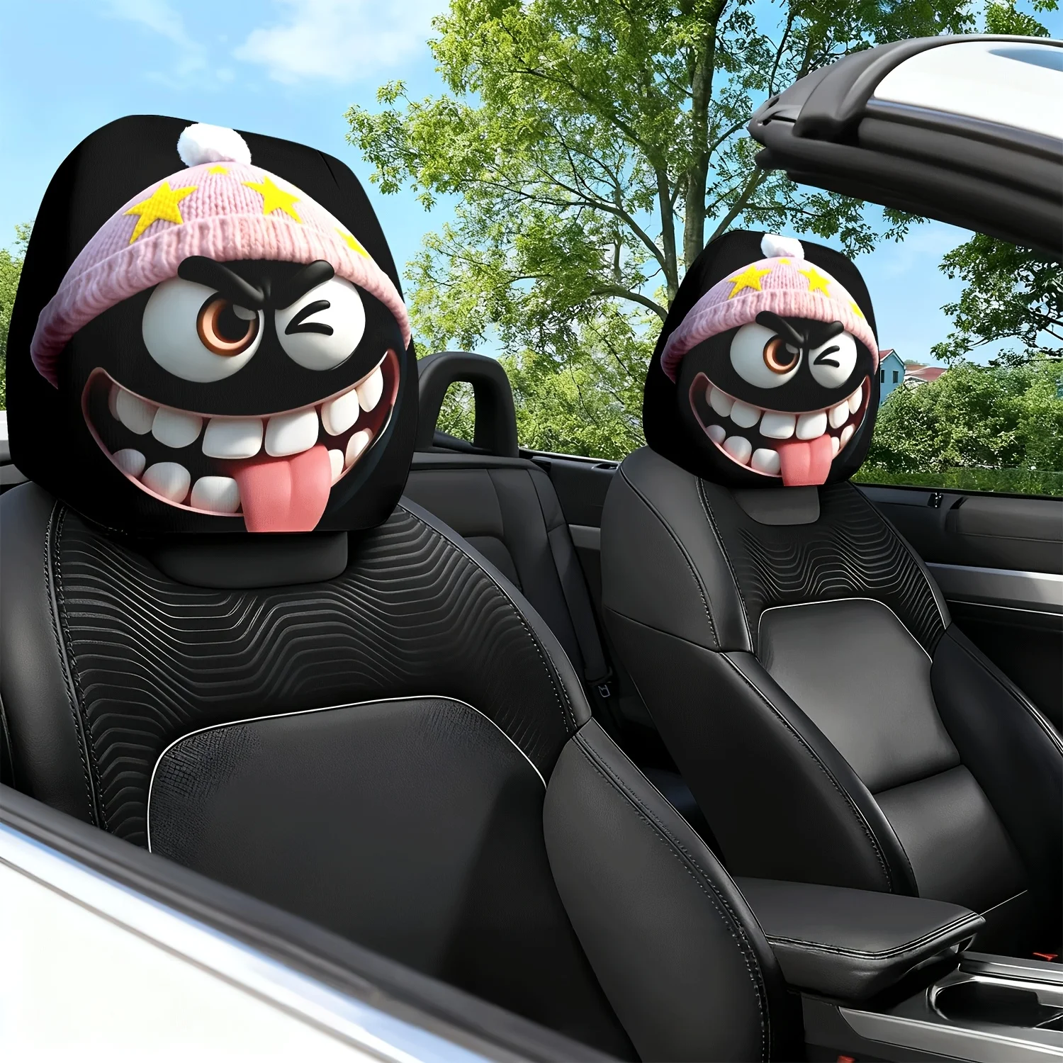 2pcs Black Humor Star Hat Themed Printed Car Seat Cushion Headrest Neck Pillow Cover - Featuring a Cute Design - Car Interior