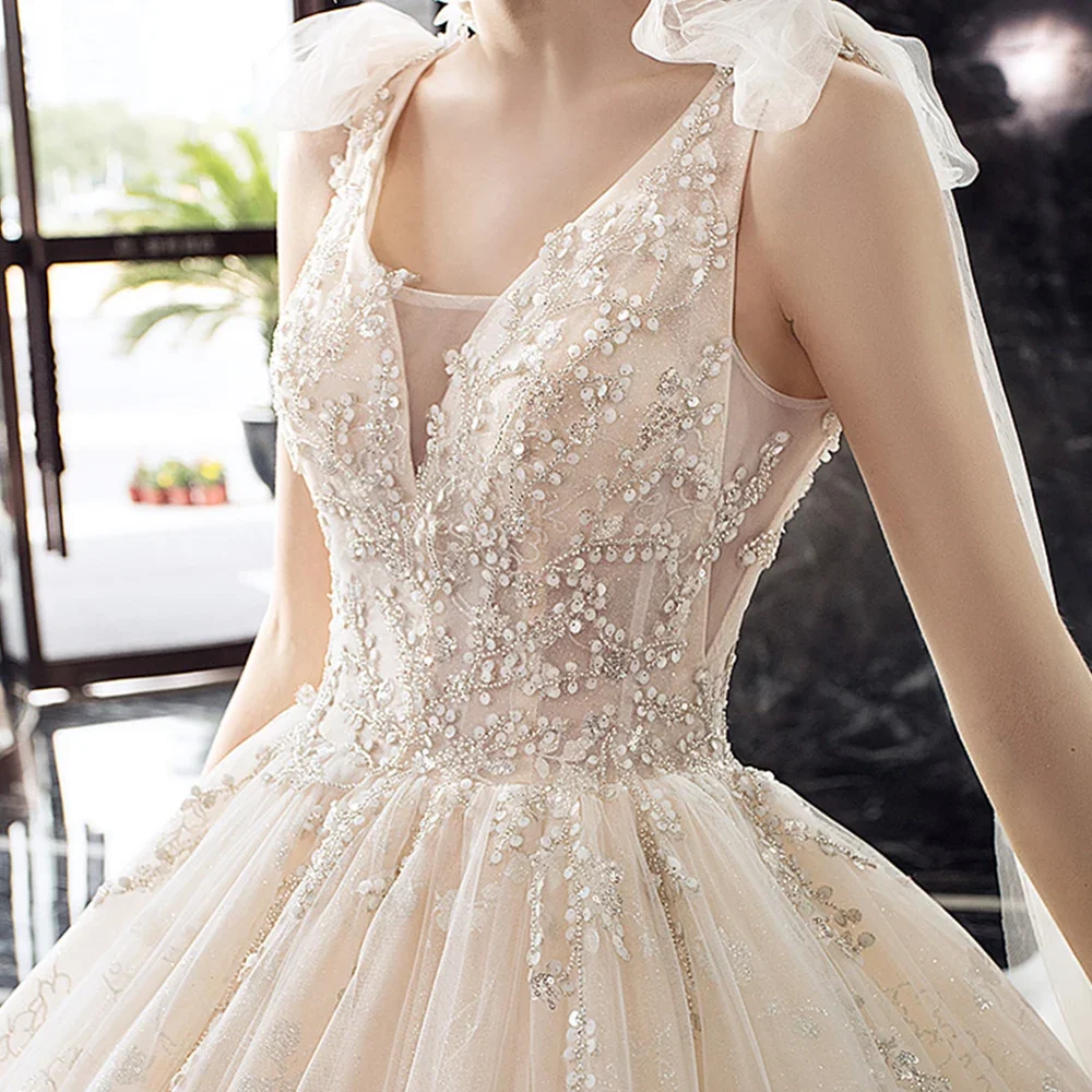 Luxury Chapell Train ชุดแต่งงาน Tulle V คอถังโบว์ไหล่ลูกปัดคริสตัลเงาชุดบอลชุดเจ้าสาว vestido de novia