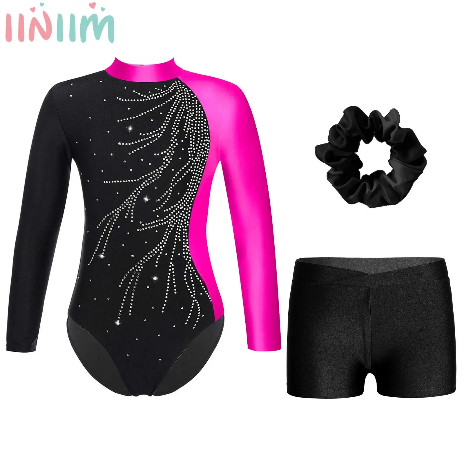 Girls 3 Piece Gymnastic Dance Sports Outfit Long Sleeve Rhinestone Adorned Keyhole Back Leotard with Shorts Hair Band Set