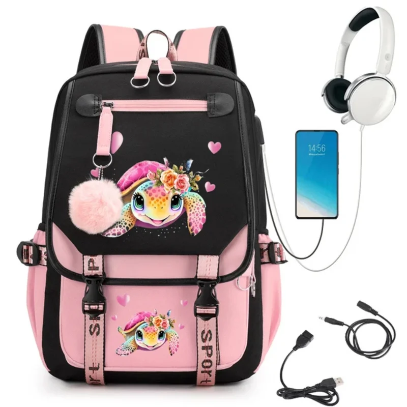 Saco de escola dos desenhos animados com estampa de tartaruga marinha, bonito Bookbag, aquarela, anime, laptop, mochila adolescente, estudante