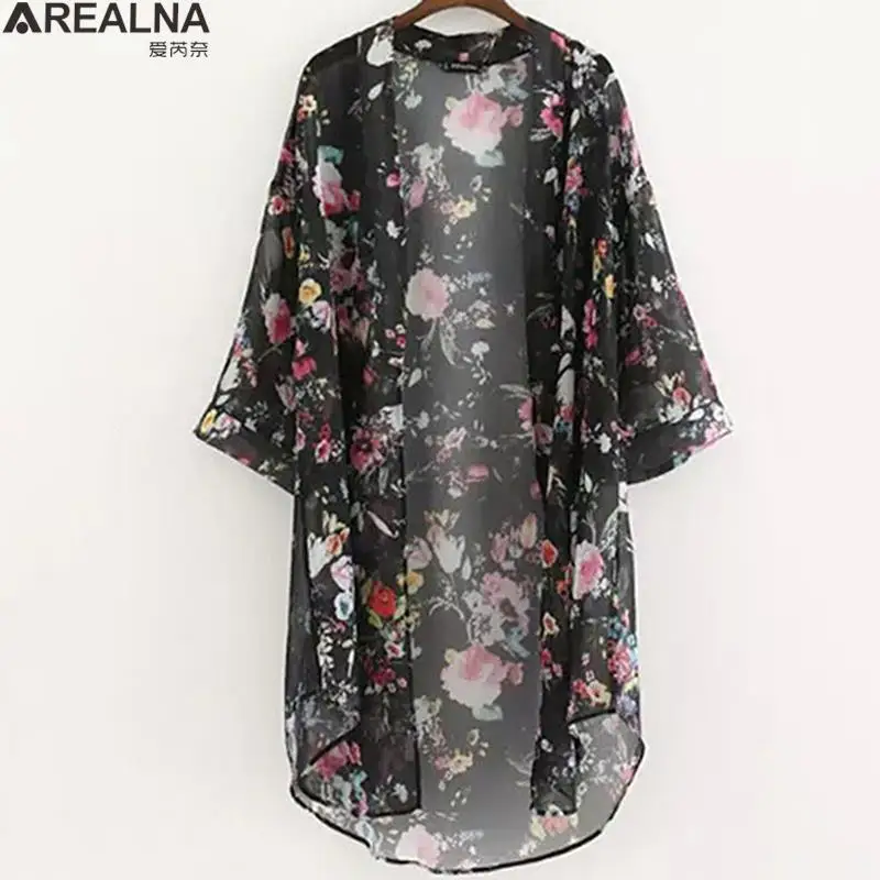 Blusa holgada de Chifón con estampado Floral para mujer, con protección solar Camisa larga, cárdigan tipo Kimono para playa, Verano