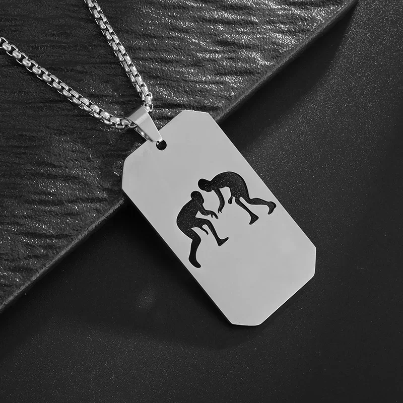 Fashionable and Creative Stainless Steel Sports Wrestling Square Brand Pendant Necklace Men's Personalized Casual Jewelry