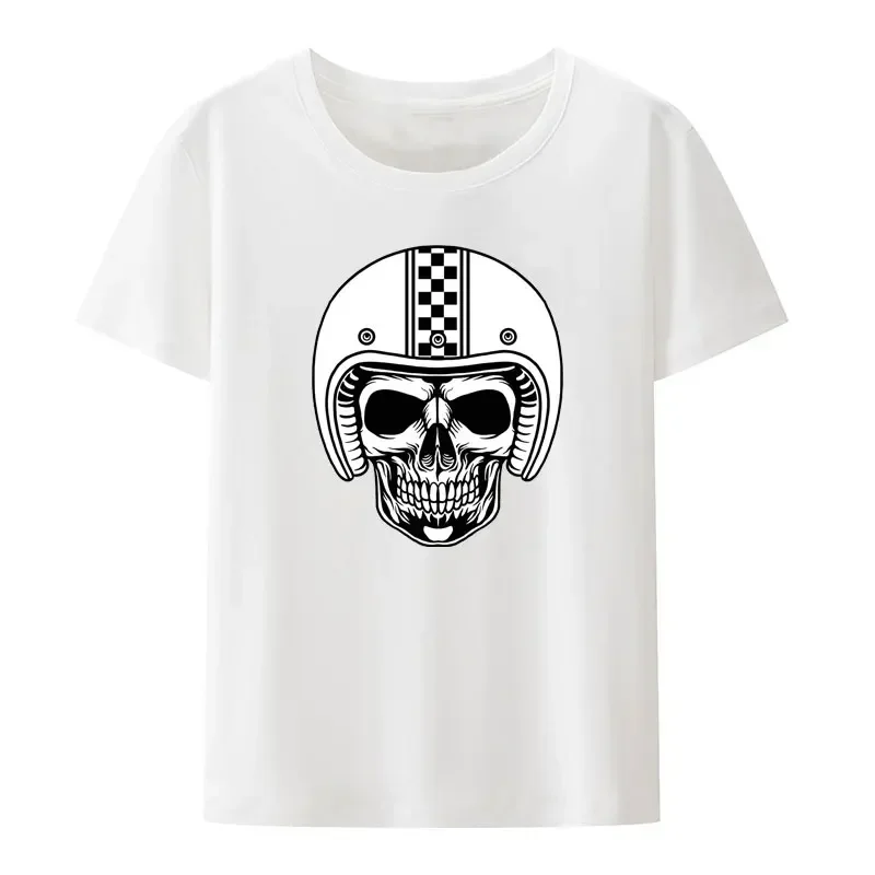 Men's Bikers Monochrome Modal Print T-Shirt, Funny Skull Head Wearing Helmet, Classic Men's Loose Breathable Tops