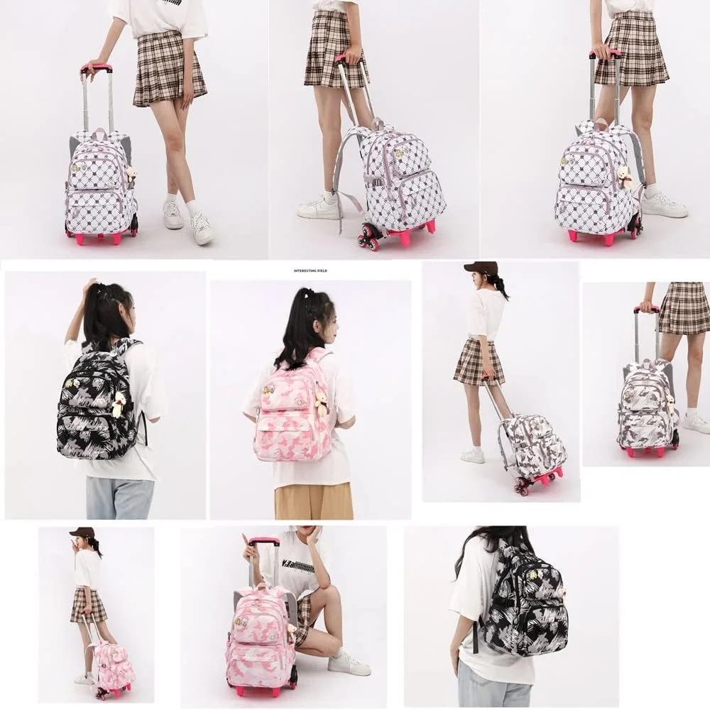 Students Backpack for Girls Children School Bag with Wheels Trolley Backpack Cute Schoolbag Rolling Wheeled Backpack Book Bags