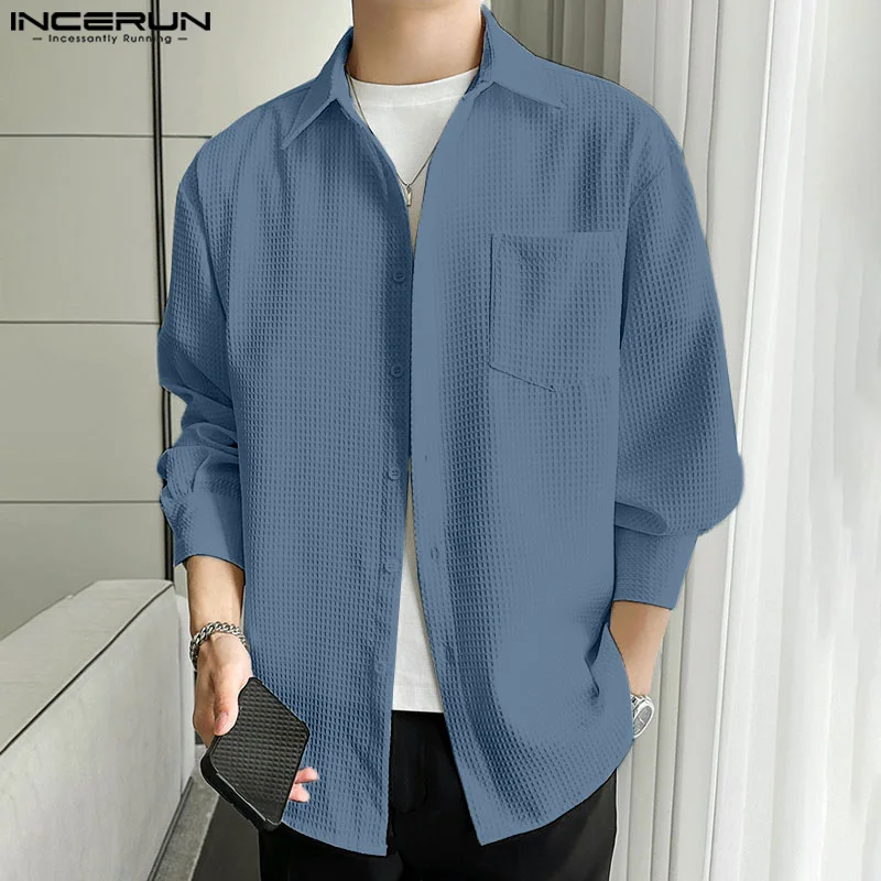 

INCERUN Tops 2024 Korean Style New Mens Casual All-match Texture Shirts Stylish Male Solid Comfortable Long Sleeved Blouse S-5XL