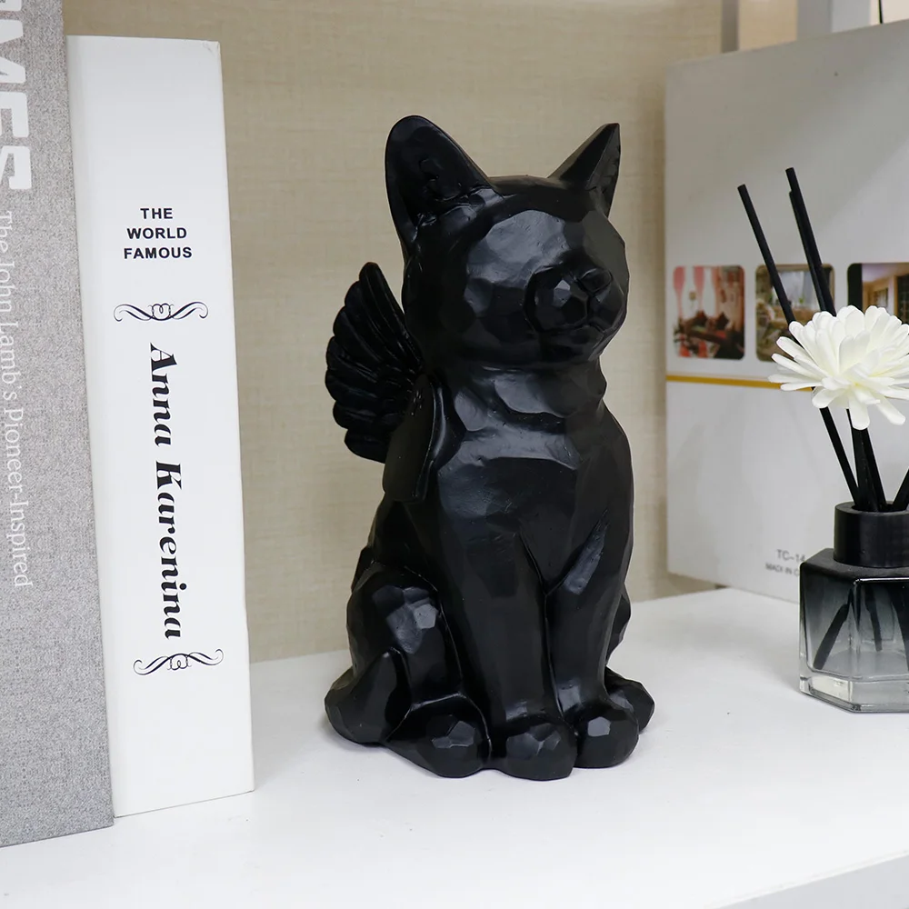 Personalized Black Cat Angel Memorial Garden Statue With Cat Cremation Urn Features- 7.4inch(H)