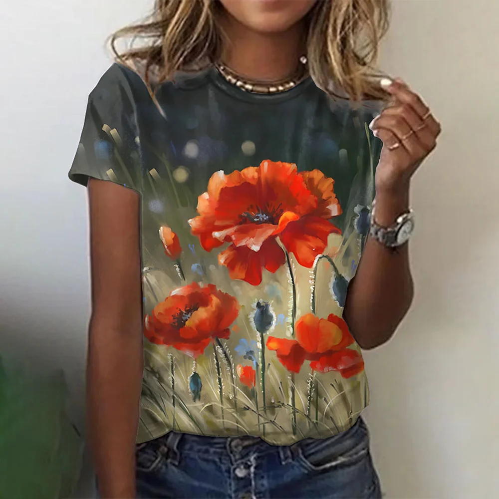 2023 Camisetas das mulheres Moda Tema Floral T Shirt Plantas Floral Tees Verão Manga Curta Top Básico Oversized Roupas Femininas