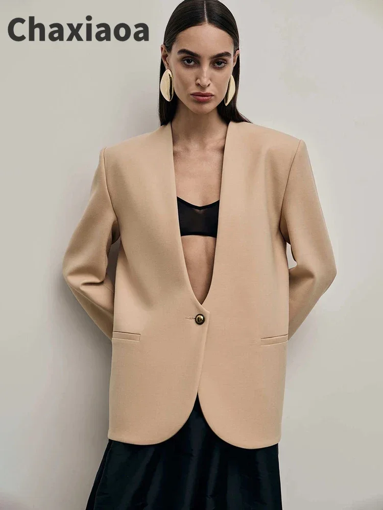 

Chaxiaoa Deep V Neck Long Sleeve Sexy Blazer Jacket Women Elegant Office Lady Elegant One Button Blazers Jackets Slim Coats