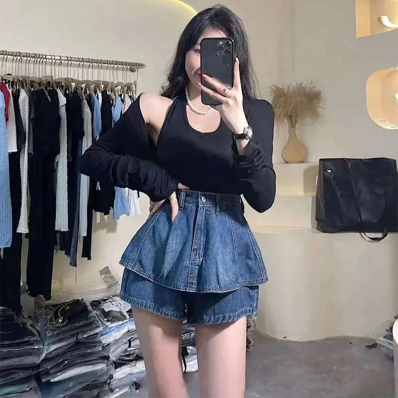 

Women High Waist Denim Ruffle Skorts Double Layer Mini Shorts Casual Fashion Jeans Shorts