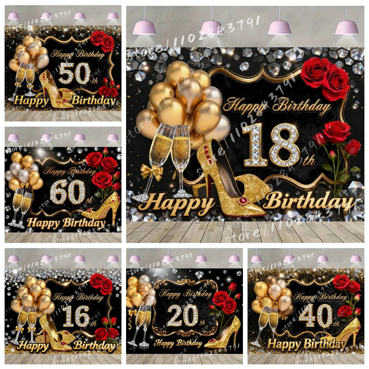 

Happy Birthday 30th Gold Theme Vinyl Backdrop Background with Balloons Champagne Gold Heels Glitter Roses