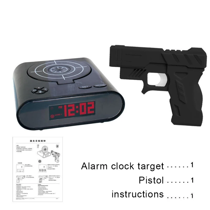 Luie man tafelklok, snooze-modus Wake Up Clocks, Fun Pistol Shooting Gun Target digitale LED-wekker, LCD-scherm schieten - afbeelding 1