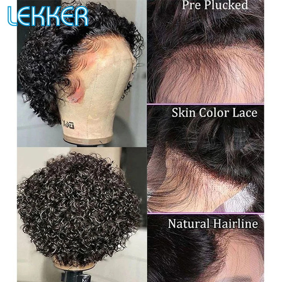 Lekker Pixie Cut Short Kinky Curly Bob Human Hair 13X1 Transparent Lace Wig For Women Brazilian Remy Hair Pre Plucked Colored